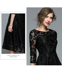 Detail of elegant black floral lace dress with sheer mesh texture and slim fit design