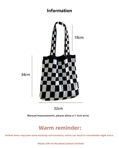 Detailed size chart for black and white checkered knit tote bag with measurements