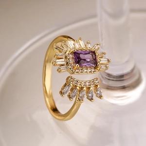 Adjustable gold plated ring with purple rectangular zircon and marquise stones