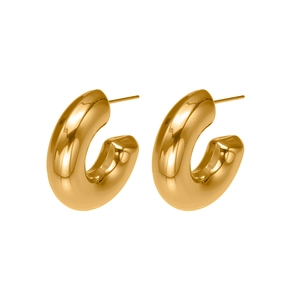 Polished 18k gold plated chunky C-shape hoop earrings for women on a white background