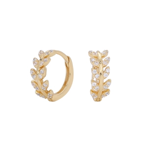 Macro shot of gold leaf earrings with pave cubic zirconia on a white background