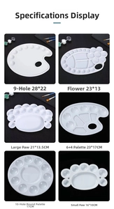 Detailed size specifications for multiple plastic watercolor paint palettes in white