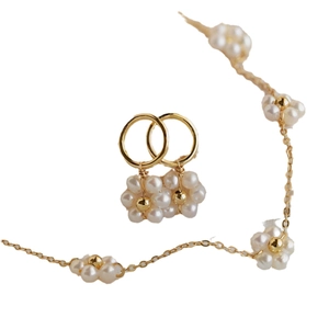 Gold stainless steel pearl flower necklace and earrings set for women fashion