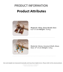 Detailed view of handmade beaded star earrings with dimensions and material specifications