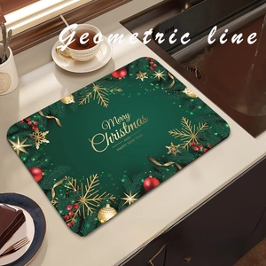 Detailed view of Merry Christmas absorbent dish drying mat on a marble countertop