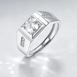 Luxury 925 Sterling Silver Moissanite Ring For Men Platinum Plated Adjustable Round Cut Cubic Zirconia Look Business Finger Jewelry
