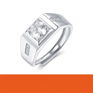 Luxury 925 Sterling Silver Moissanite Ring For Men Platinum Plated Adjustable Round Cut Cubic Zirconia Look Business Finger Jewelry