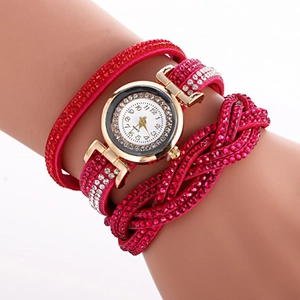 Red rhinestone wrapped quartz watch for women with sparkling leather multi-layer strap