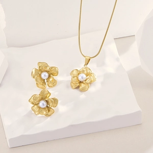 French vintage gold camellia flower necklace and earring set with white pearls