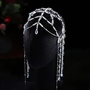 Catena da Testa Sposa con Nappine di Cristallo Stile Coreano Ornamento per la Fronte con Perline Gioielli per Capelli Argento