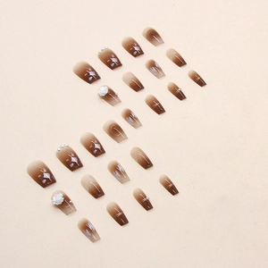 Caramel gradient ballerina press-on nails with 3D floral accents and pearls
