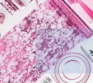 Pink polyester mesh table runner with abstract texture for festive table setting