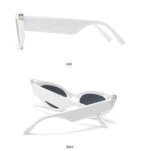 Detailed side and back views of white zebra-style sunglasses with thick temples and metal decor
