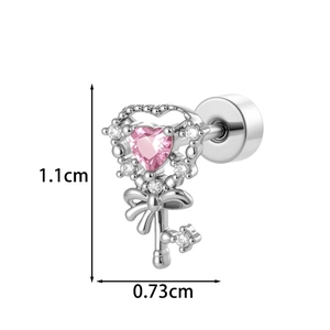 Exquisite silver heart key stud earrings with pink gemstone and zircon bow detail
