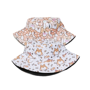Summer reversible cotton bucket hat featuring cute corgi dog prints and patterns