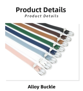 Detail of colorful PU leather belts with polished silver alloy buckles for women