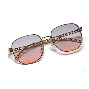 Rectangular metal sunglasses with gold chain temples and gray-pink gradient lenses