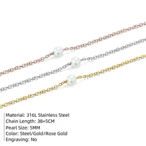 Minimalist 316L stainless steel necklace with 5mm natural pearl pendants in three colors