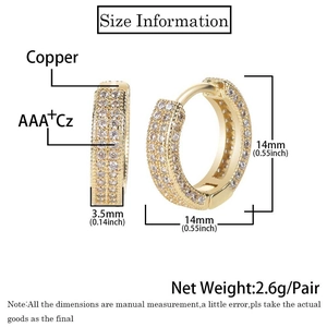 Detailed dimension guide for 14mm gold hoop earrings with iced out cubic zirconia stones