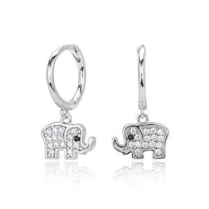 Detailed view of S925 sterling silver elephant hoop earrings with white and black zircon