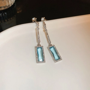 French luxury geometric square drop earrings with blue glass crystals and silver needles