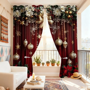 Detail of red Christmas curtains with gold ornaments and stars hanging on silver grommets