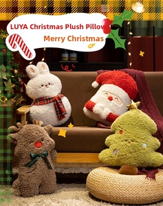 Festive Christmas plush pillows set featuring Santa, Reindeer, Snowman, and Tree