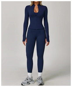Detail of dark blue yoga set with thumbholes and zipper stand collar for women