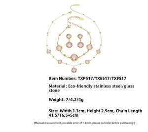 Detail view of pink geometric glass stones and gold stainless steel jewelry set