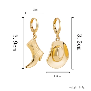 Asymmetric gold cowboy boot and hat hoop earrings with dimensions and weight specs