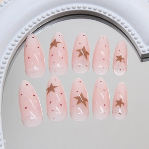 Cute star and polka dot pattern gradient press-on nails in long almond shape