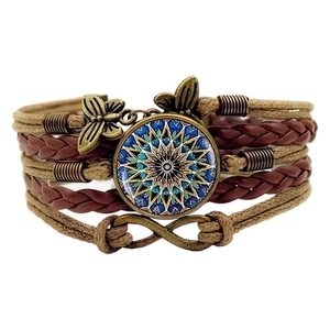 Handmade multilayer leather mandala flower bracelet with butterfly and infinity charms