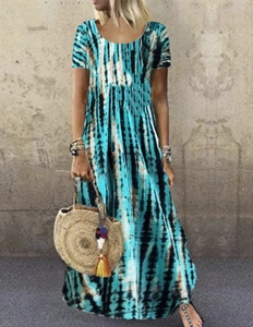 Abito lungo da donna con stampa tie-dye blu bianco nero maniche corte e scollo tondo
