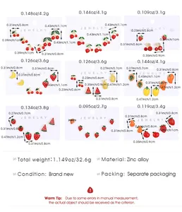 Size chart showing dimensions and weight for cute alloy fruit stud earring sets