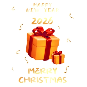 3D golden Christmas gift boxes with red ribbons and Happy New Year 2026 festive window stickers