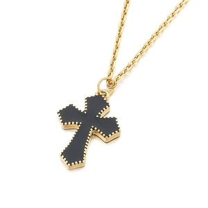 Hip hop style gold titanium necklace with a black zircon cross pendant and pearl chain