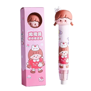 Pink retractable cartoon eraser pen with cute character design on white background