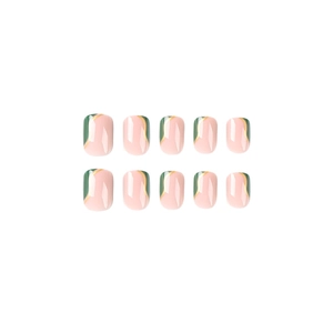 Short square press-on nails with green and pink patchwork and gold wavy line details