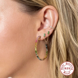 S925 sterling silver geometric chain earrings with rainbow stones and stud combination