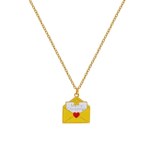 Christmas gold envelope pendant necklace with Merry Christmas text and red heart
