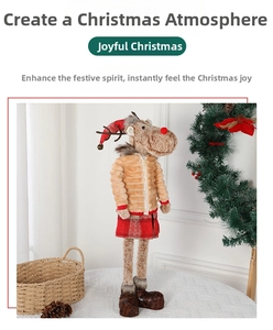 Standing Christmas reindeer doll with knitted striped jacket and festive plaid skirt details
