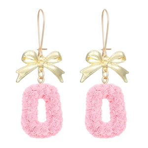 Golden bow earrings with pink rose heart pendants and pearl accents for women
