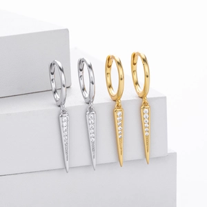 Chic S925 sterling silver hoop earrings with stone-encrusted spike pendants in gold and silver
