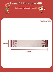 Detail of Christmas gnome table runner with red plaid edges and festive cartoon pattern