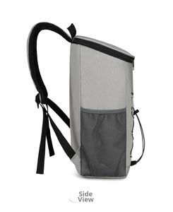 Detail view of the light grey thermal backpack with mesh side pocket and adjustable straps