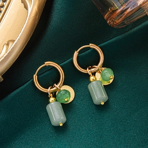 Hoop Earrings Stainless Steel With Natural Green Stone Pendants Retro Fashion Waterproof Jewelry For Women