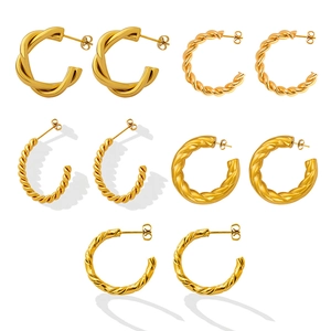 Set of five golden titanium steel geometric C-shaped twisted hoop earrings for women
