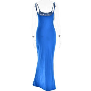 Back view detail of slim fit blue backless maxi dress showing sleek fabric and design