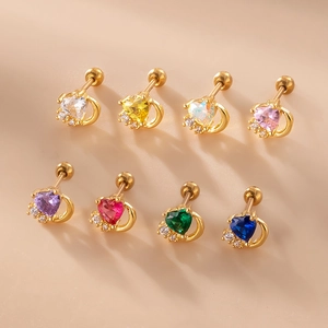 Set of 8 heart-shaped stainless steel earrings with colorful cubic zirconia and screw backs