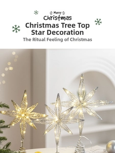 Close-up of lighted golden and silver LED star tree topper with metal wire weave